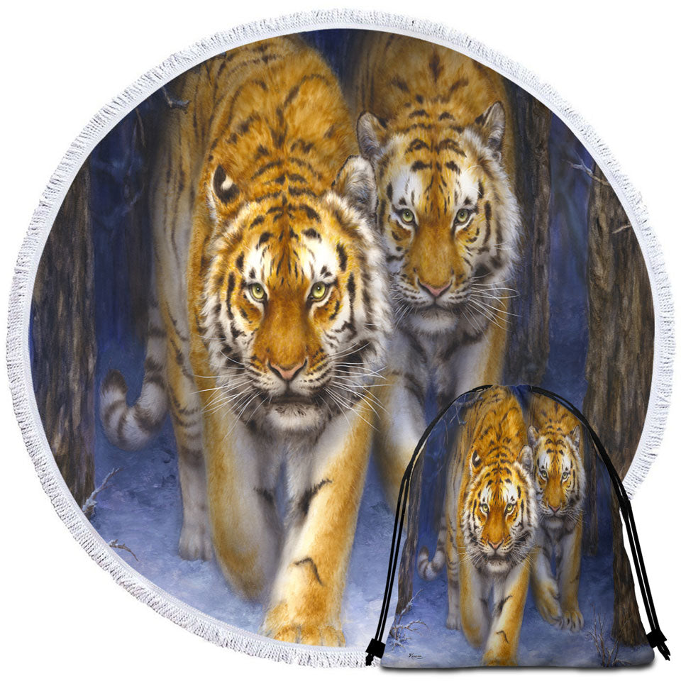 Cool Animal Art Two Tigers in the Siberian Forest Round Beach Towel
