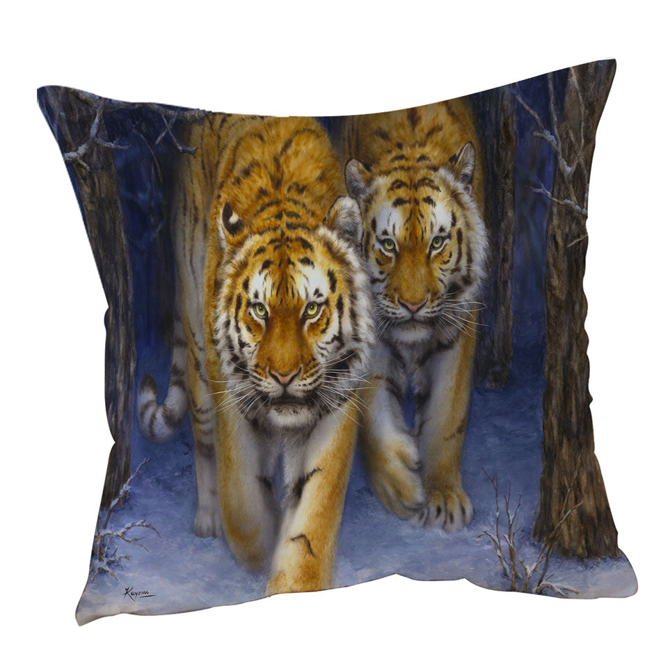 Cool Animal Art Two Tigers in the Siberian Forest Throw Pillow