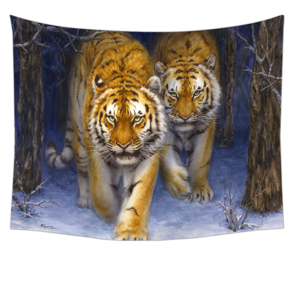 Cool Animal Art Two Tigers in the Siberian Forest Wall Decor Tapestry