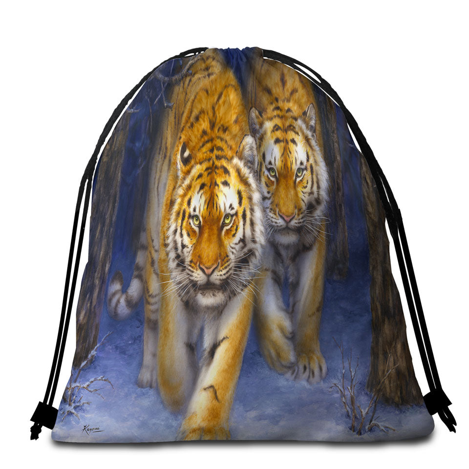 Cool Animal Art Two Tigers in the Siberian Forest travel Beach Towel