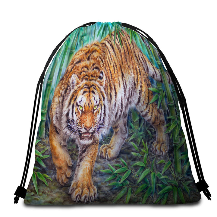 Cool Animal Beach Towels and Bags Art Dangerous Tiger in Bamboo Forest