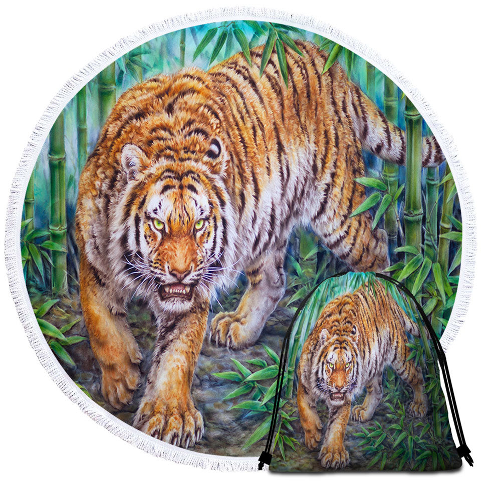 Cool Animal Circle Beach Towel Art Dangerous Tiger in Bamboo Forest