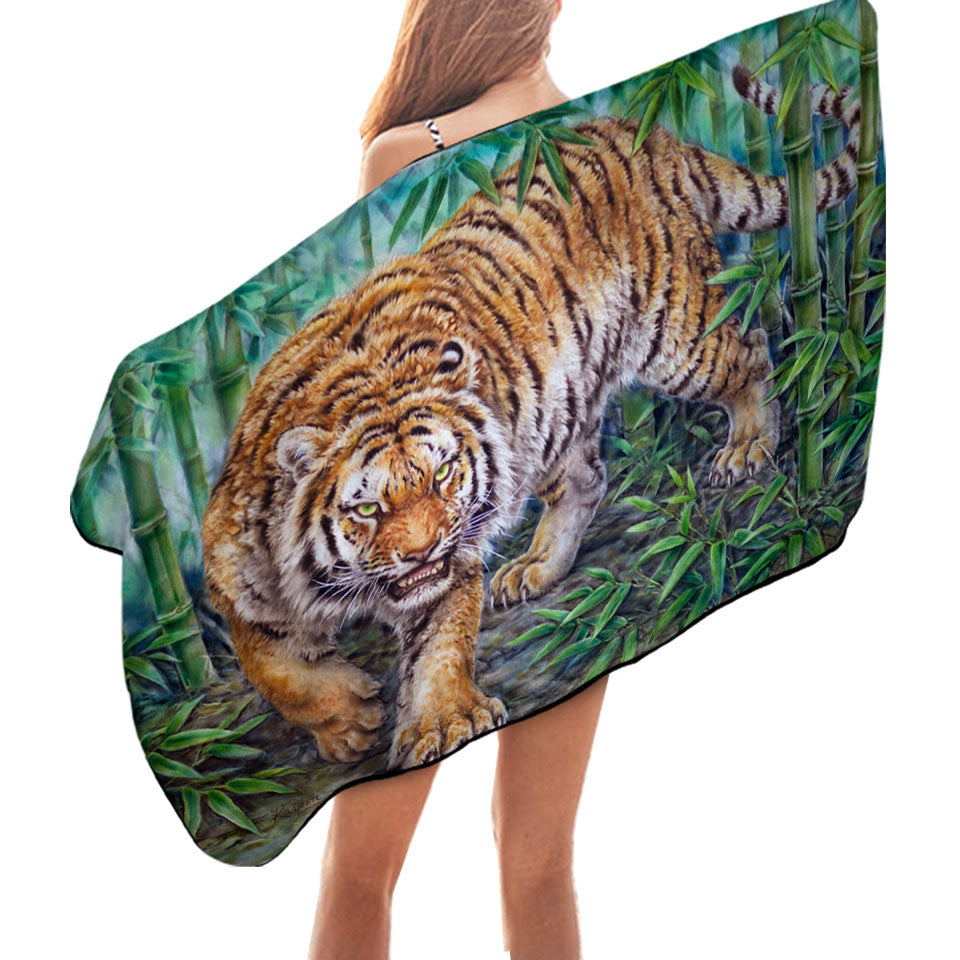Cool Animal Microfiber Beach Towel Art Dangerous Tiger in Bamboo Forest