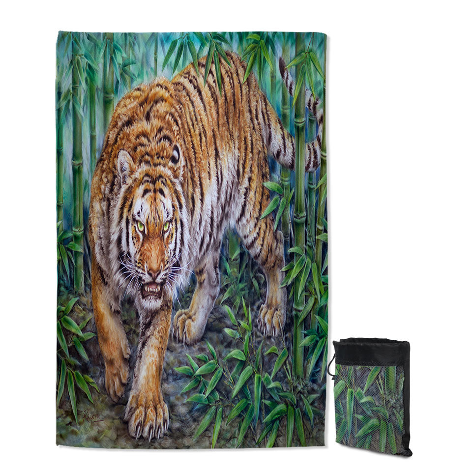 Cool Animal Quick Dry Beach Towel Art Dangerous Tiger in Bamboo Forest