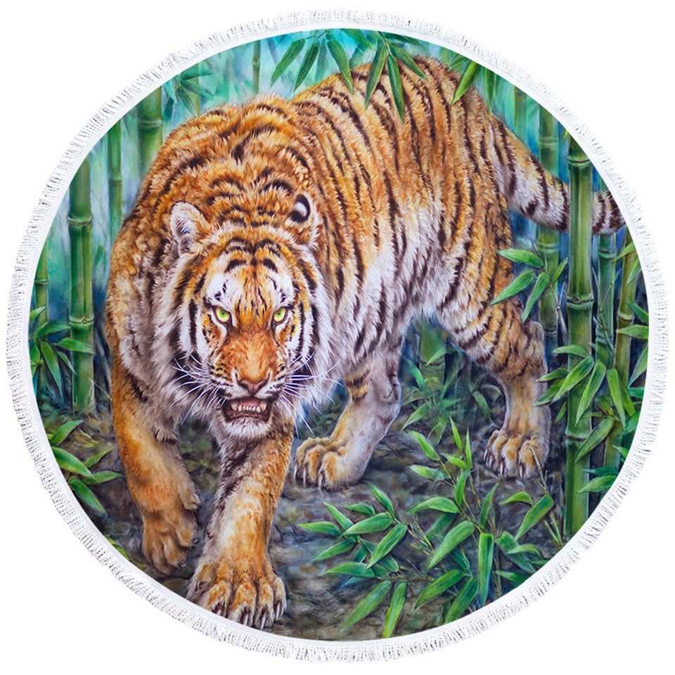 Cool Animal Round Beach Towel Art Dangerous Tiger in Bamboo Forest