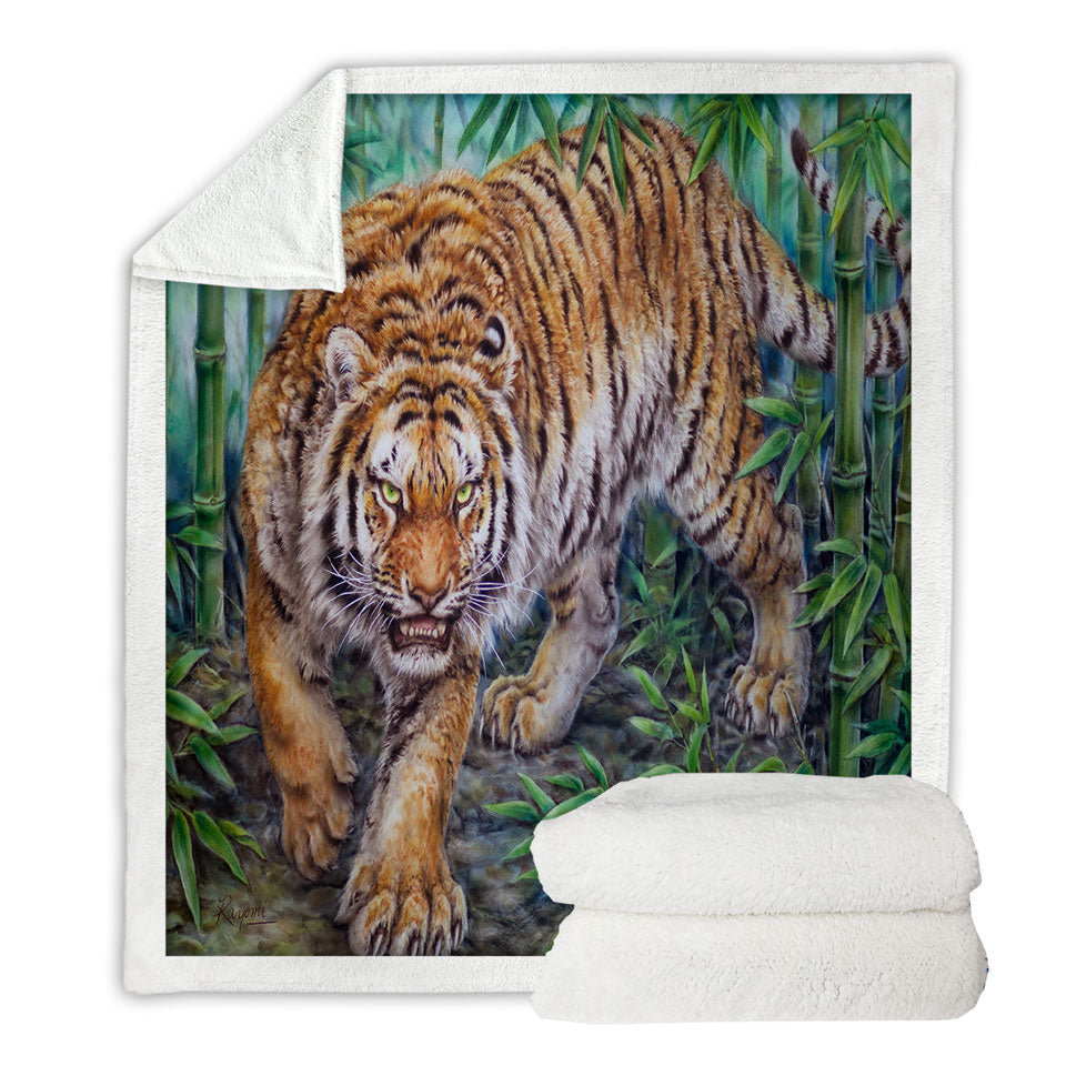 Cool Animal Sherpa Blanket Art Dangerous Tiger in Bamboo Forest