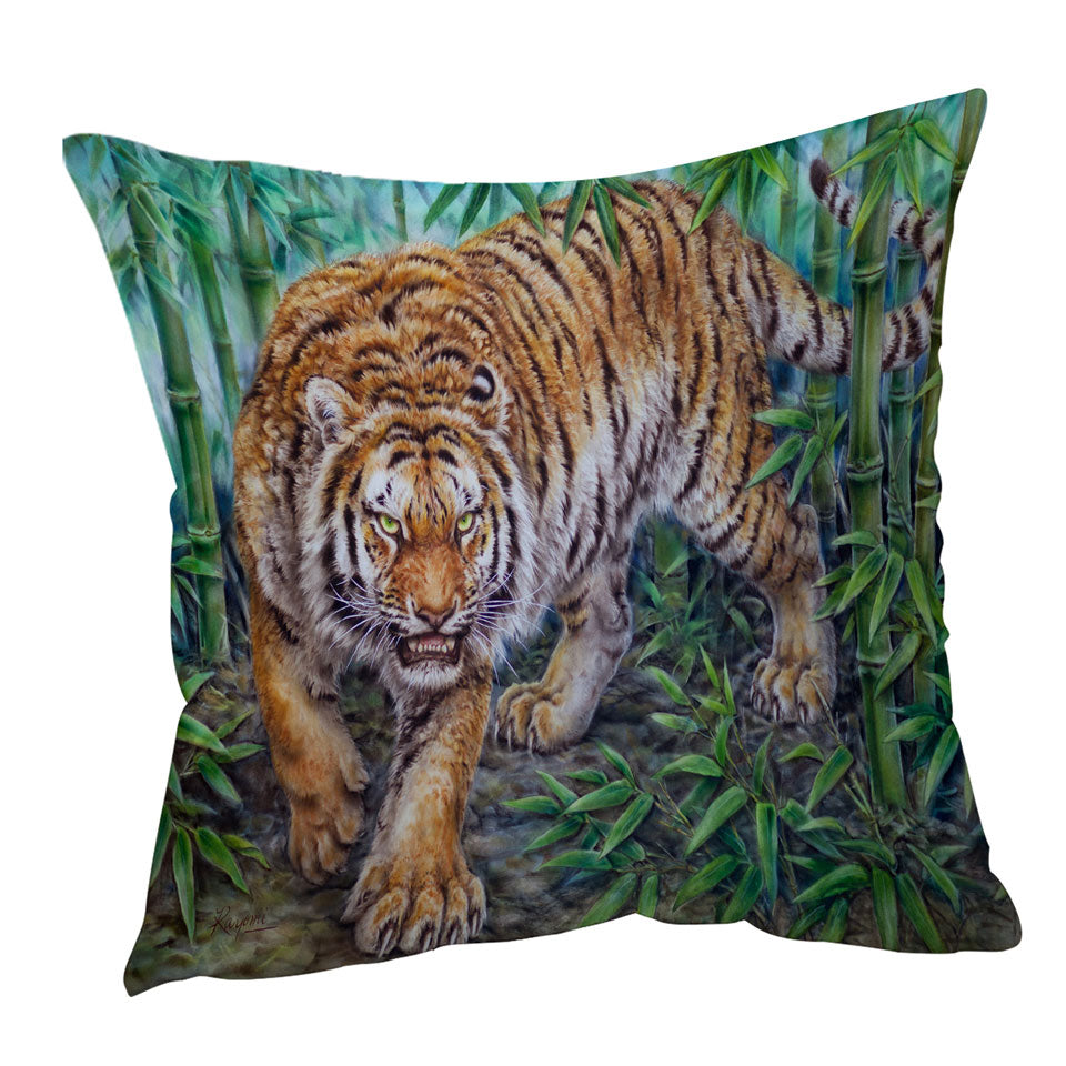 Cool Animal Throw Pillows Art Dangerous Tiger in Bamboo Forest