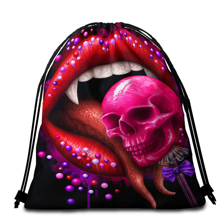 Cool Art Black Deadly Sweet Lips and Lollipop Skull Beach Bags and Towels