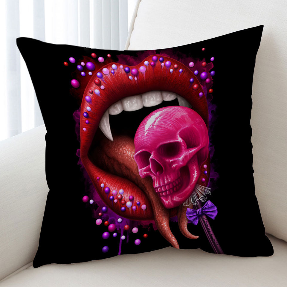 Cool Art Black Deadly Sweet Lips and Lollipop Skull Cushion Cover