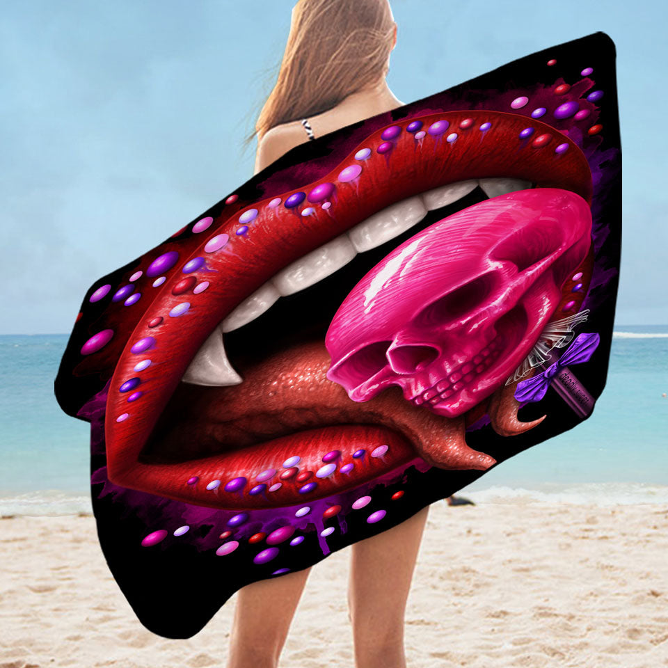 Cool Art Black Deadly Sweet Lips and Lollipop Skull Microfiber Beach Towel