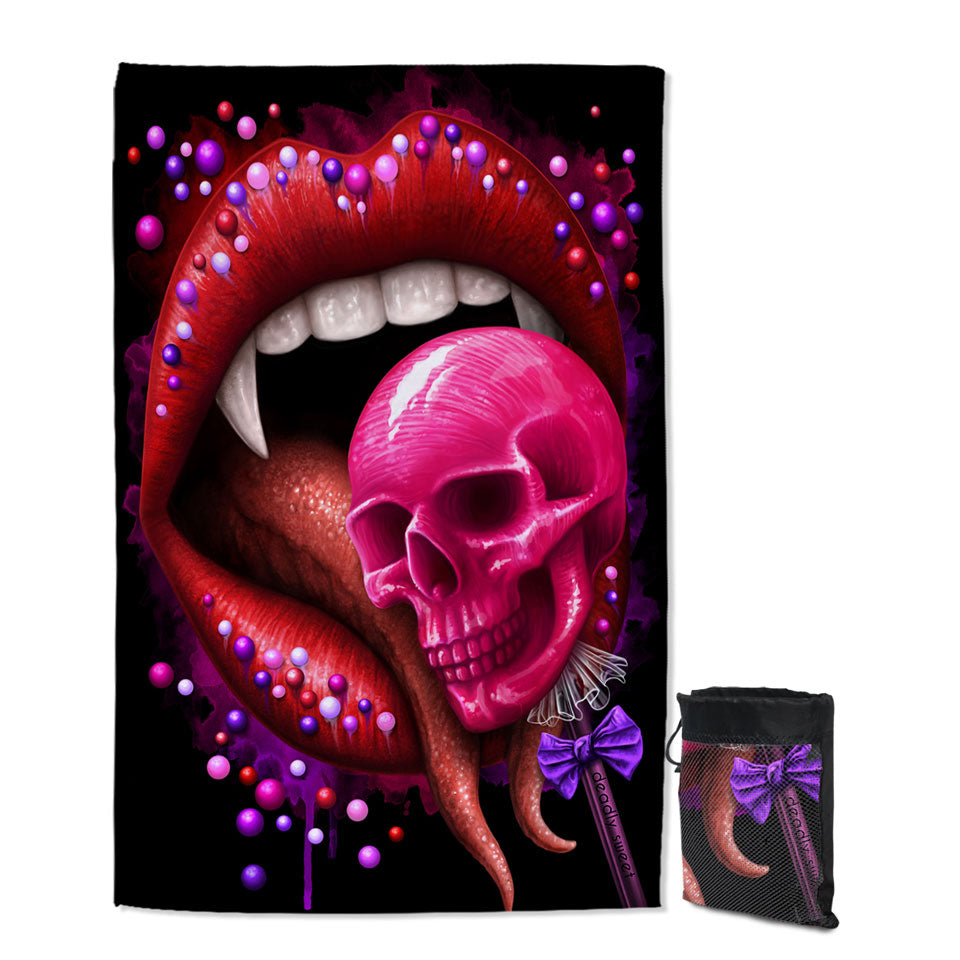 Cool Art Black Deadly Sweet Lips and Lollipop Skull Quick Dry Beach Towel