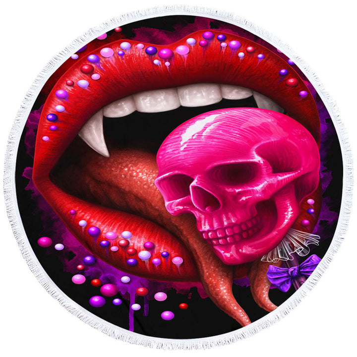 Cool Art Black Deadly Sweet Lips and Lollipop Skull Round Beach Towel