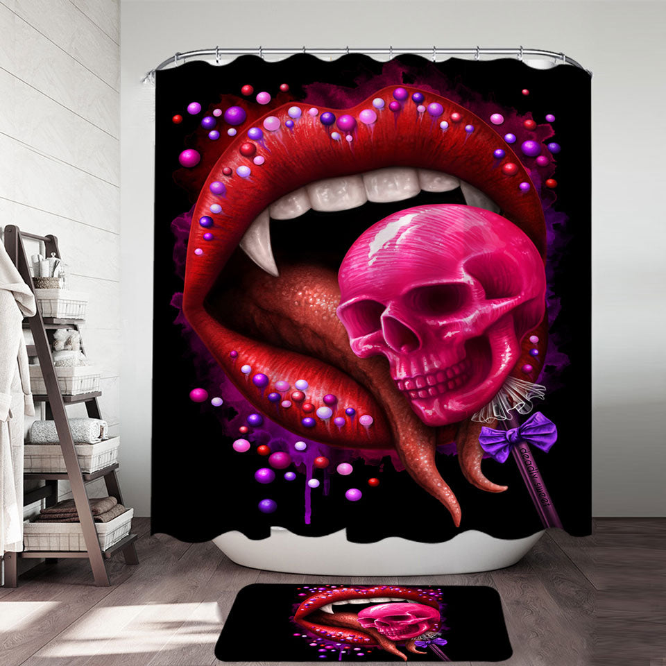 Cool Art Black Deadly Sweet Lips and Lollipop Skull Shower Curtain