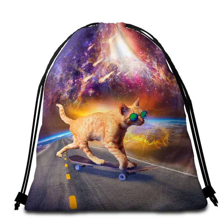 Cool Art Cat Skateboarding in Space Beach Towel Bags