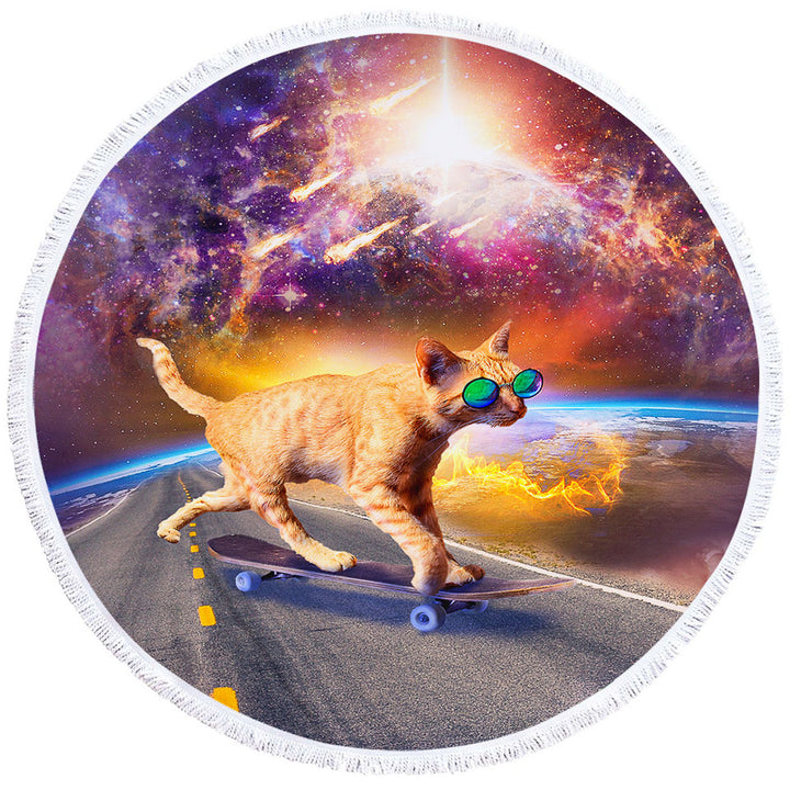 Cool Art Cat Skateboarding in Space Funny Beach Towels