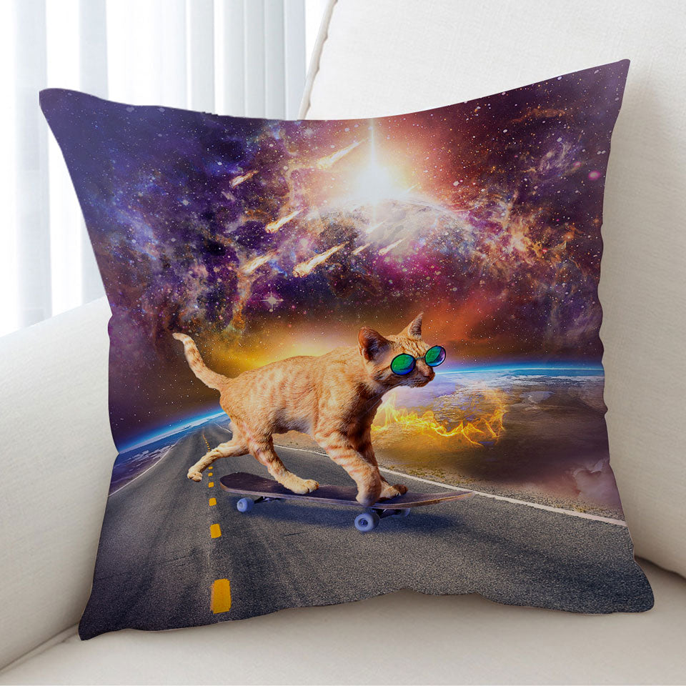 Cool Art Cat Skateboarding in Space Funny Cushion Covers