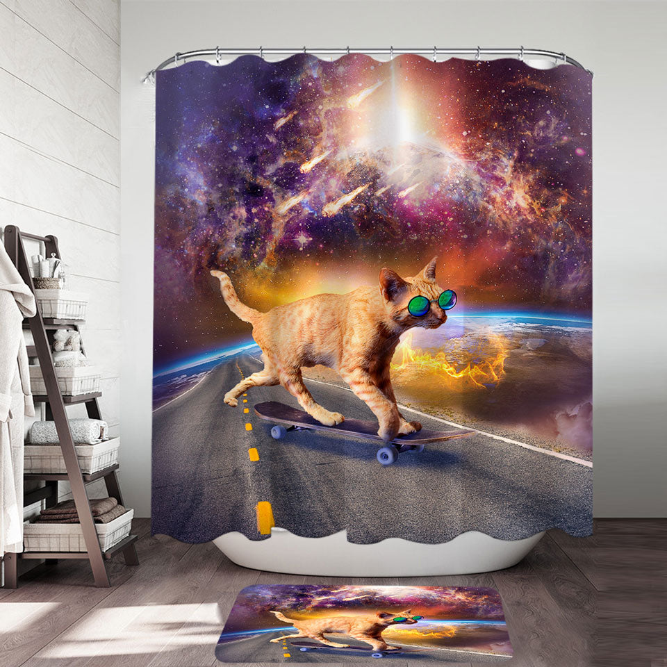 Cool Art Cat Skateboarding in Space Funny Shower Curtains Online