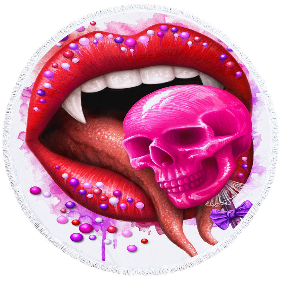 Cool Art Deadly Sweet Lips and Lollipop Skull Round Beach Towel