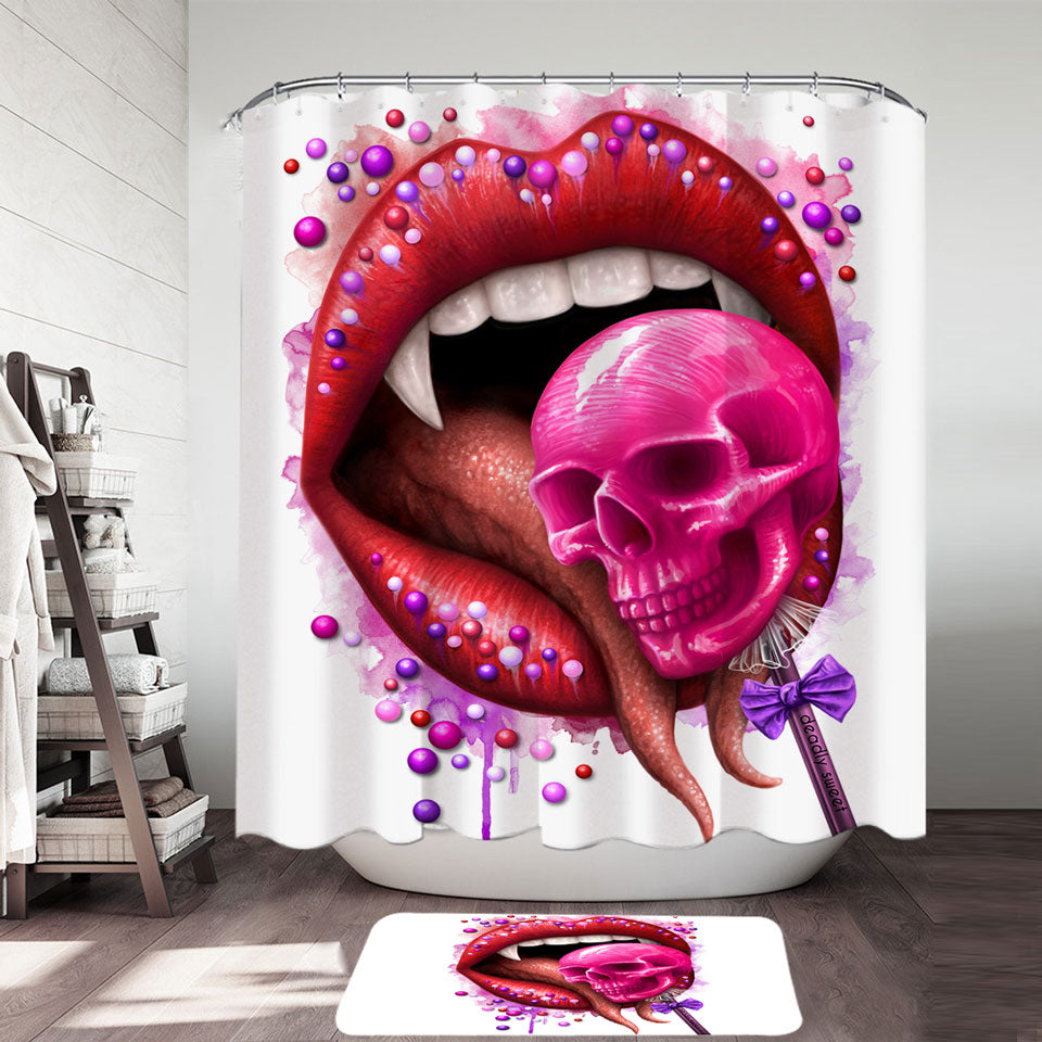 Cool Art Deadly Sweet Lips and Lollipop Skull Shower Curtain