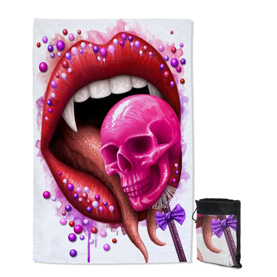 Cool Art Deadly Sweet Lips and Lollipop Skull Travel Beach Towel
