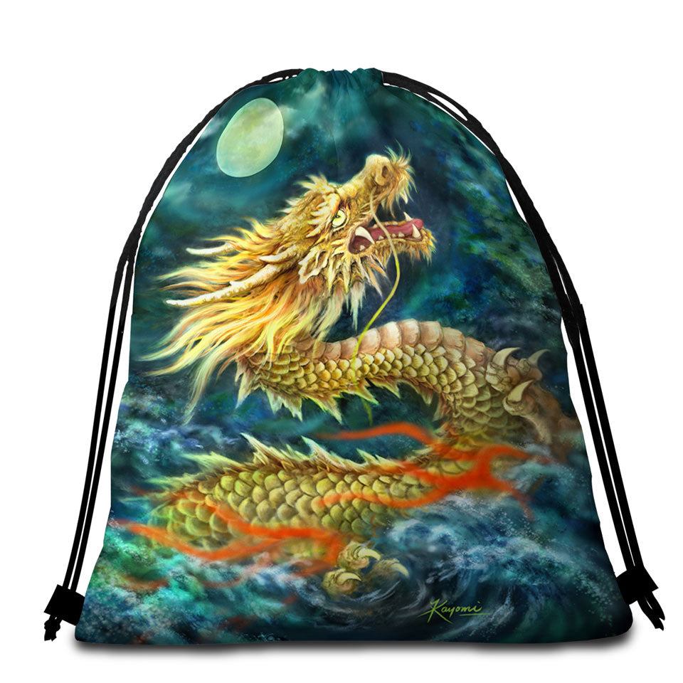 Cool Art Full Moon Ocean Storm Chinese Dragon Beach Towel Bags