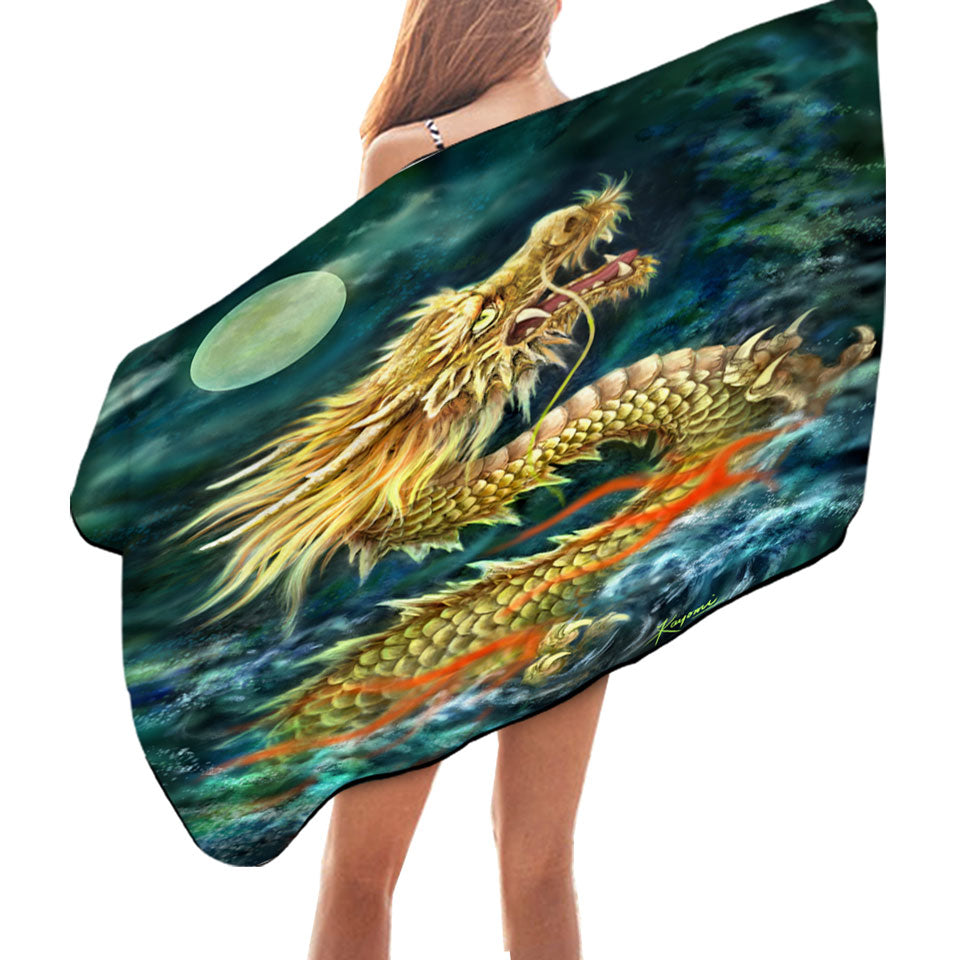 Cool Art Full Moon Ocean Storm Chinese Dragon Pool Towels