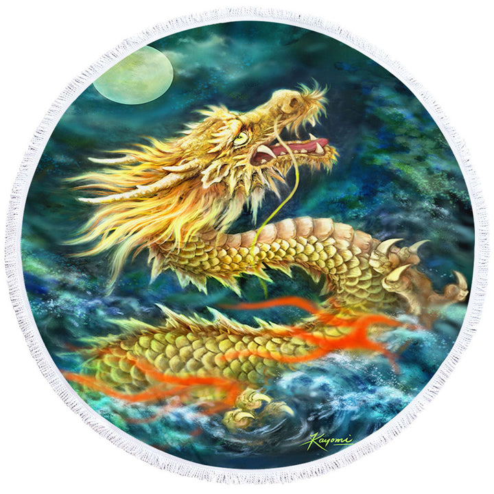 Cool Art Full Moon Ocean Storm Chinese Dragon Round beach Towels