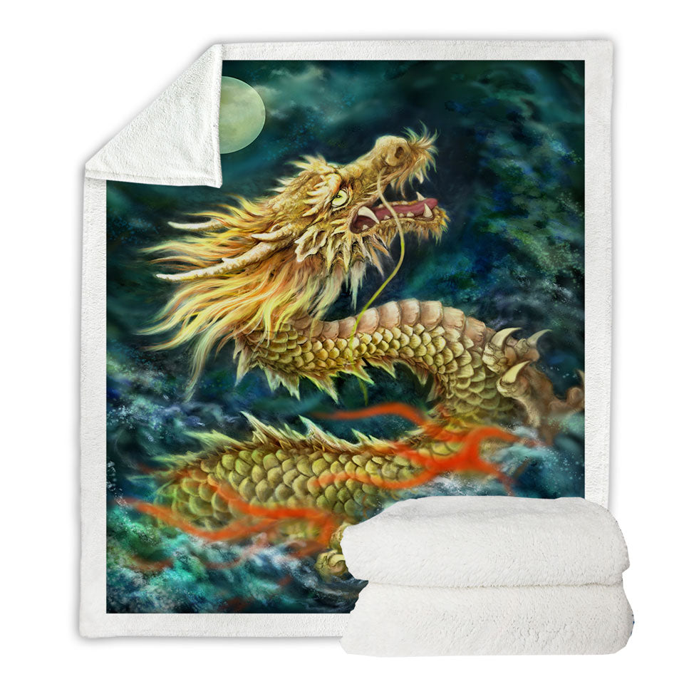 Cool Art Full Moon Ocean Storm Chinese Dragon Sherpa Blanket