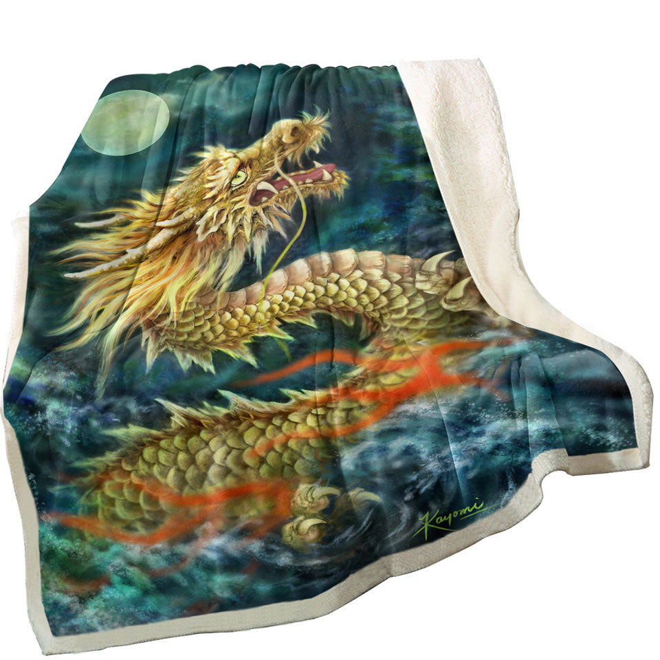Cool Art Full Moon Ocean Storm Chinese Dragon Throw Blanket