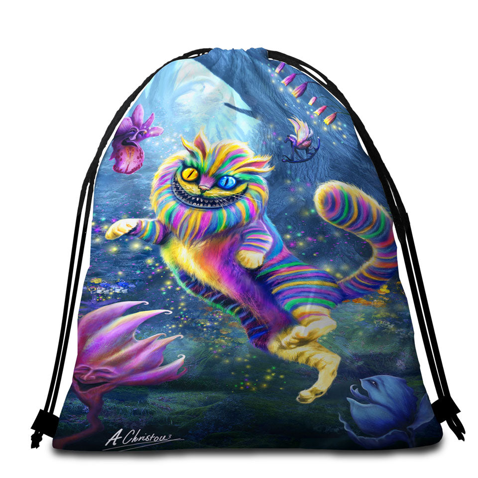 Cool Art Rainbow Cheshire Cat Packable Beach Towel