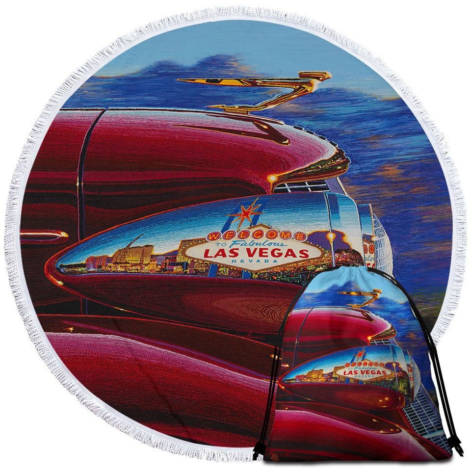 Cool Art Red Old Car Reflects Las Vegas Circle Beach Towel