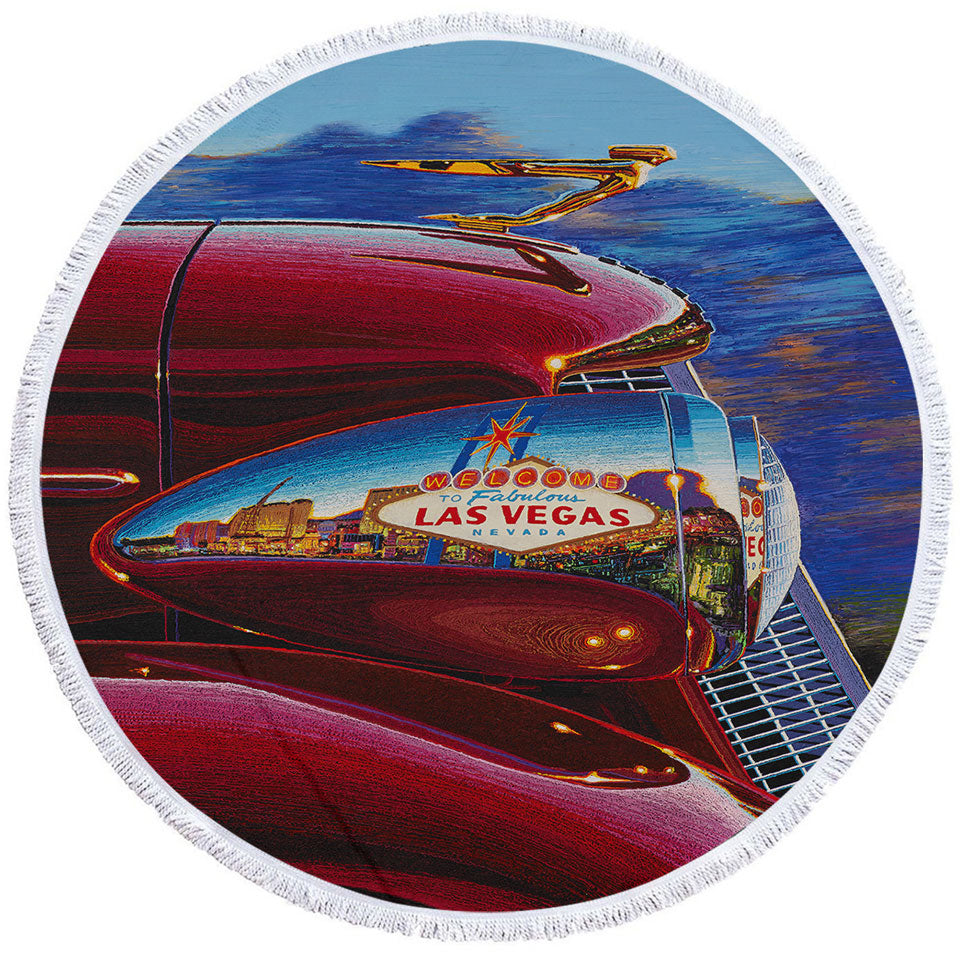 Cool Art Red Old Car Reflects Las Vegas Round Beach Towel