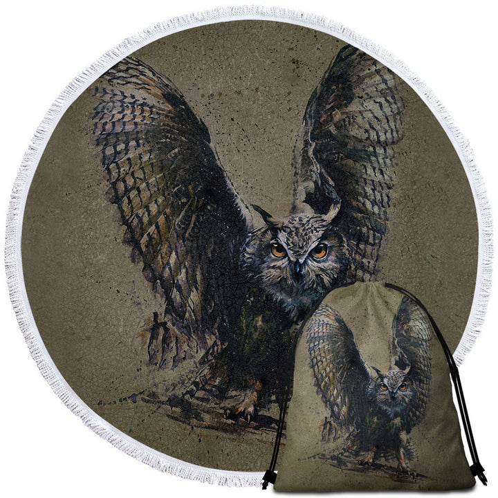 Cool Art Round Beach Towel Owl Painted on Concrete