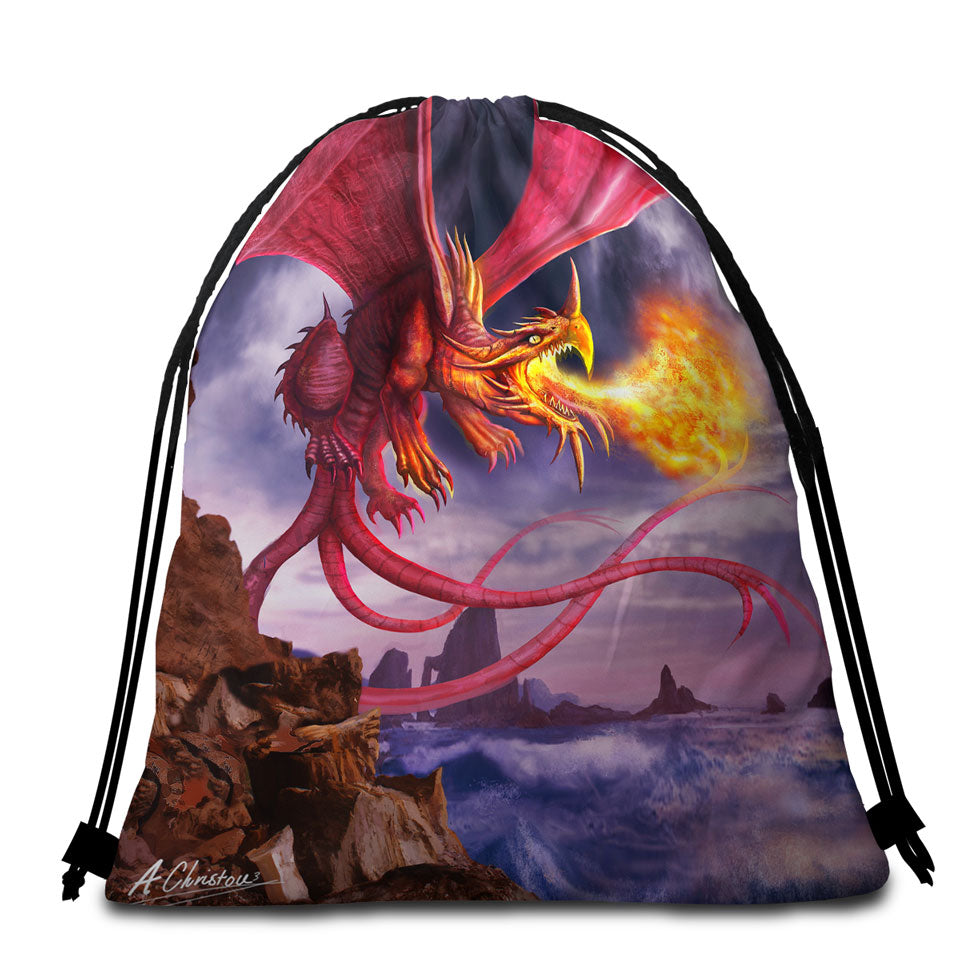 Cool Art Scary Fire Dragon Beach Towel Bags for Guys