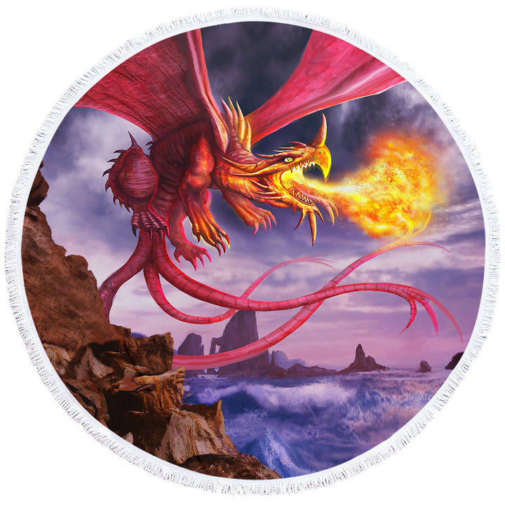 Cool Art Scary Fire Dragon Round Beach Towel for Men