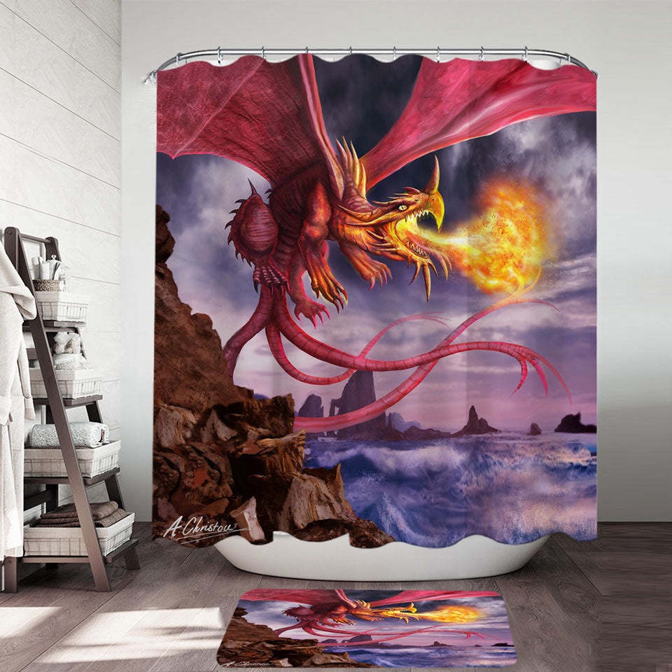 Cool Art Scary Fire Dragon Shower Curtain for Men