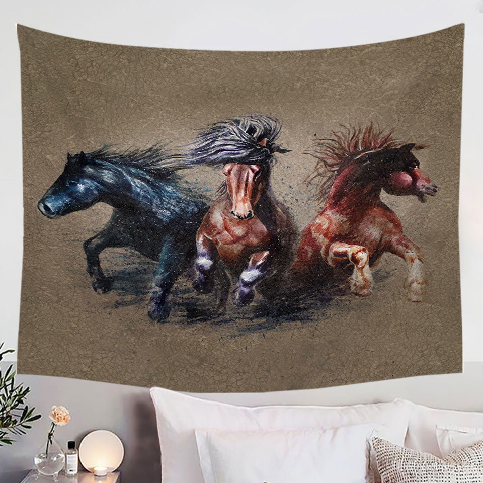 Cool Art Storming Horses Painted on Concrete Hanging Fabric On Wall
