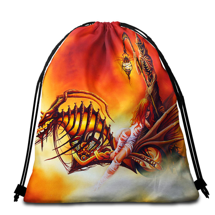 Cool Art the Death Ferryman Dragon Motorcycle and Girl Beach Towel Bags