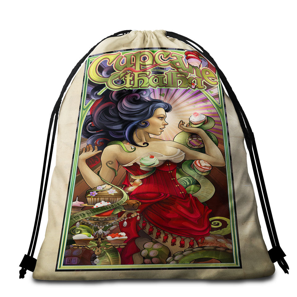 Fantasy Art Drawing Red Butterfly Girl Beach Bags and Towels
