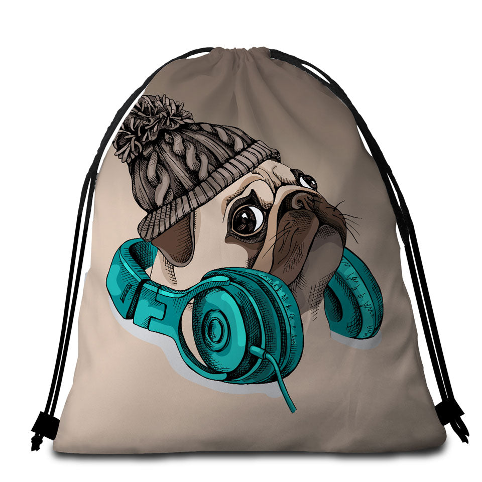 Cool Beach Bags with Winter Pug Wearing Headphones