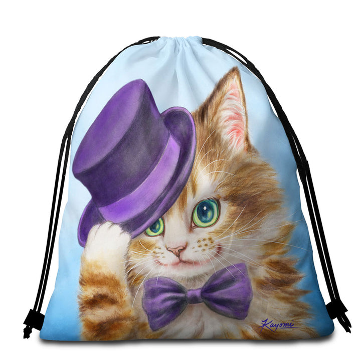 Cool Beach Towel Bags Cats Art the Purple Top Hat and Bow Tie Kitty
