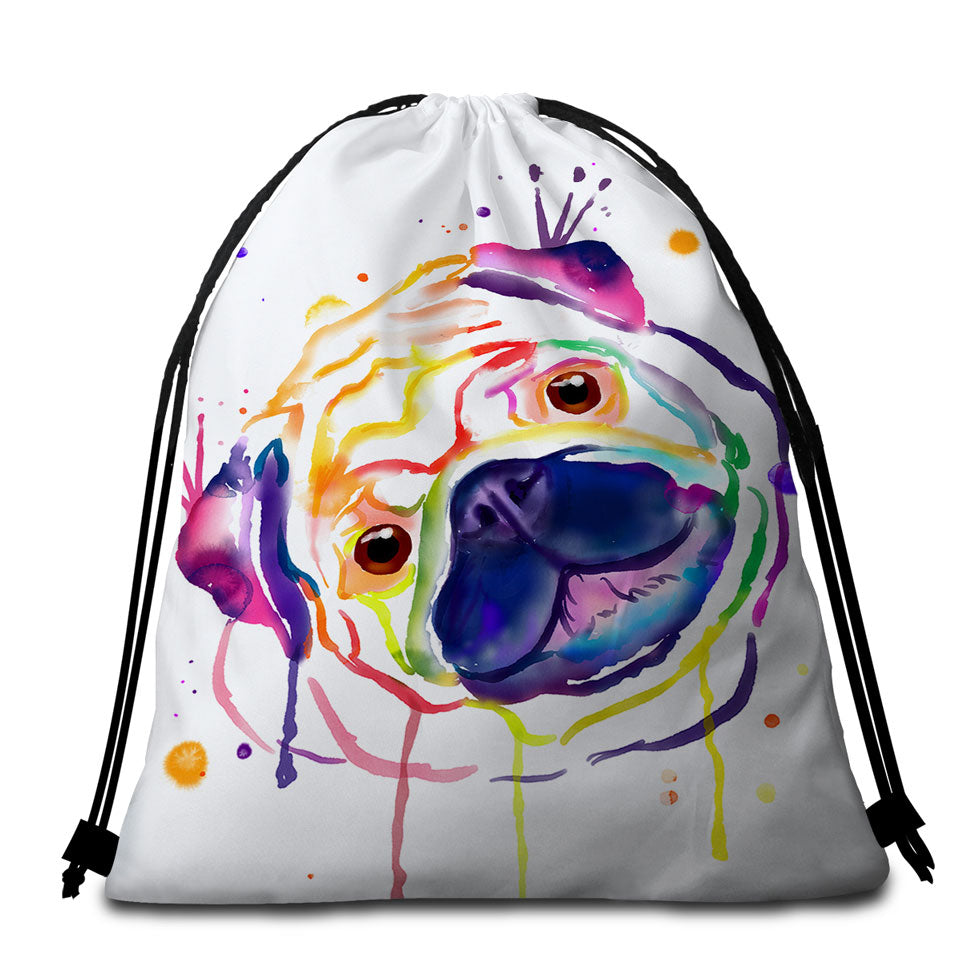 Cool Beach Towel Bags Colorful Painted Pug