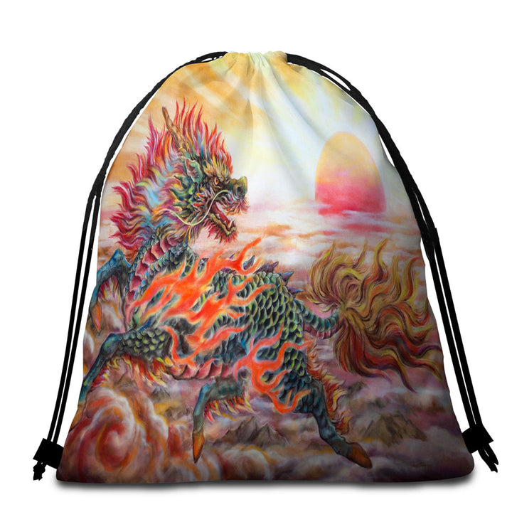 Cool Beach Towel Bags Fantasy Art Sun Fire Kirin