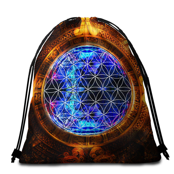 Cool Beach Towel Bags Golden Blue Ancient Illusion