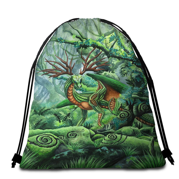 Cool Beach Towel Bags Green Hidden Guardian Fantasy Forest Deer Dragon