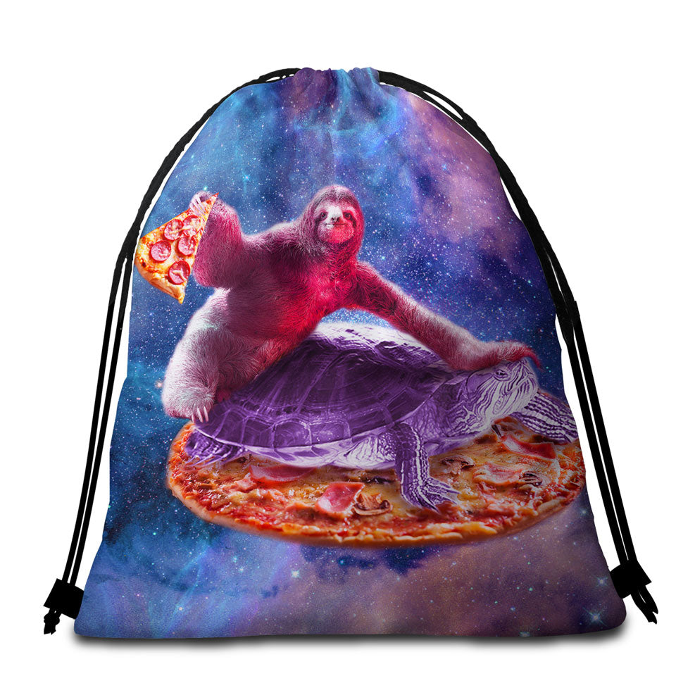 Cool Beach Towel Bags for Guys Crazy Art Space Pizza Sloth on Turtle