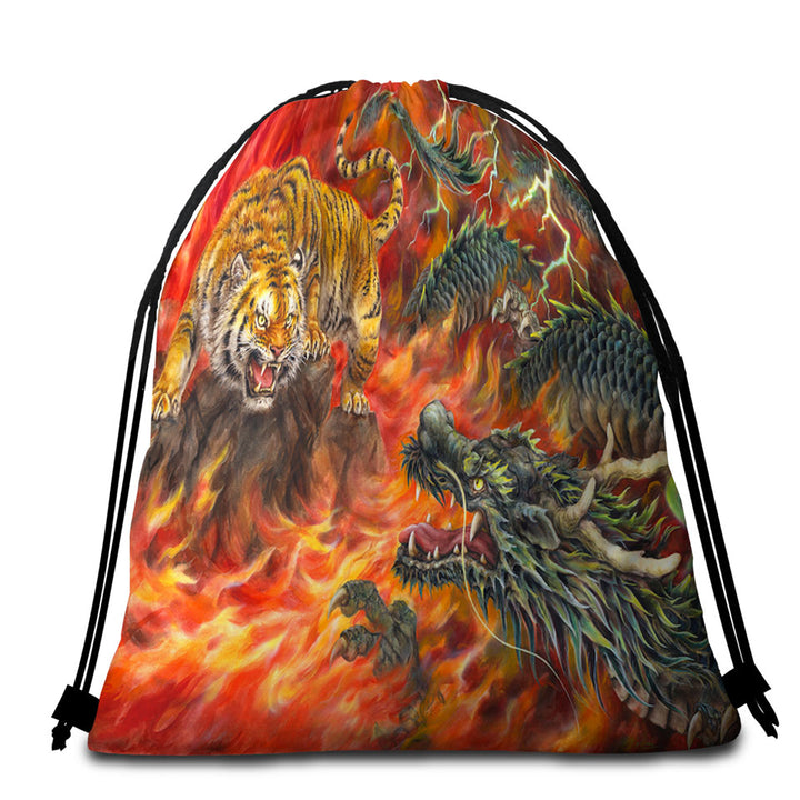 Cool Beach Towel Bags for Men Fantasy Art Dragon vs Tiger in Fire