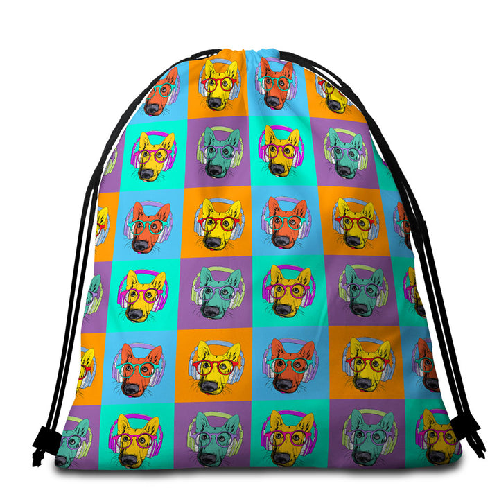 Cool Beach Towel Bags with a Panel of Multi Colored Cool Hipster Dog