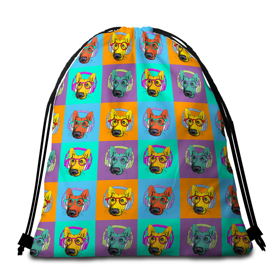 Cool Beach Towel Bags with a Panel of Multi Colored Cool Hipster Dog