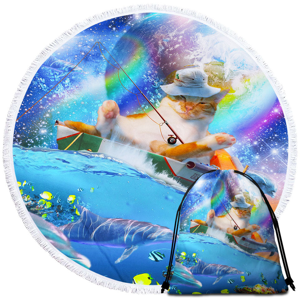 Cool Beach Towels Cute and Funny Space Cat Ocean Fishing